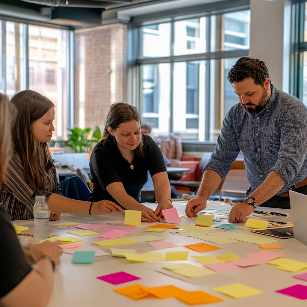 A group of four people collaborating at a table covered with colorful sticky notes in a bright office space, with large windows in the background.