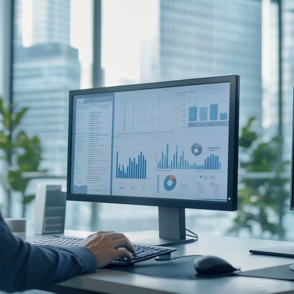A person using a computer mouse, with a desktop monitor displaying various charts, graphs, and data analysis in a modern office setting.