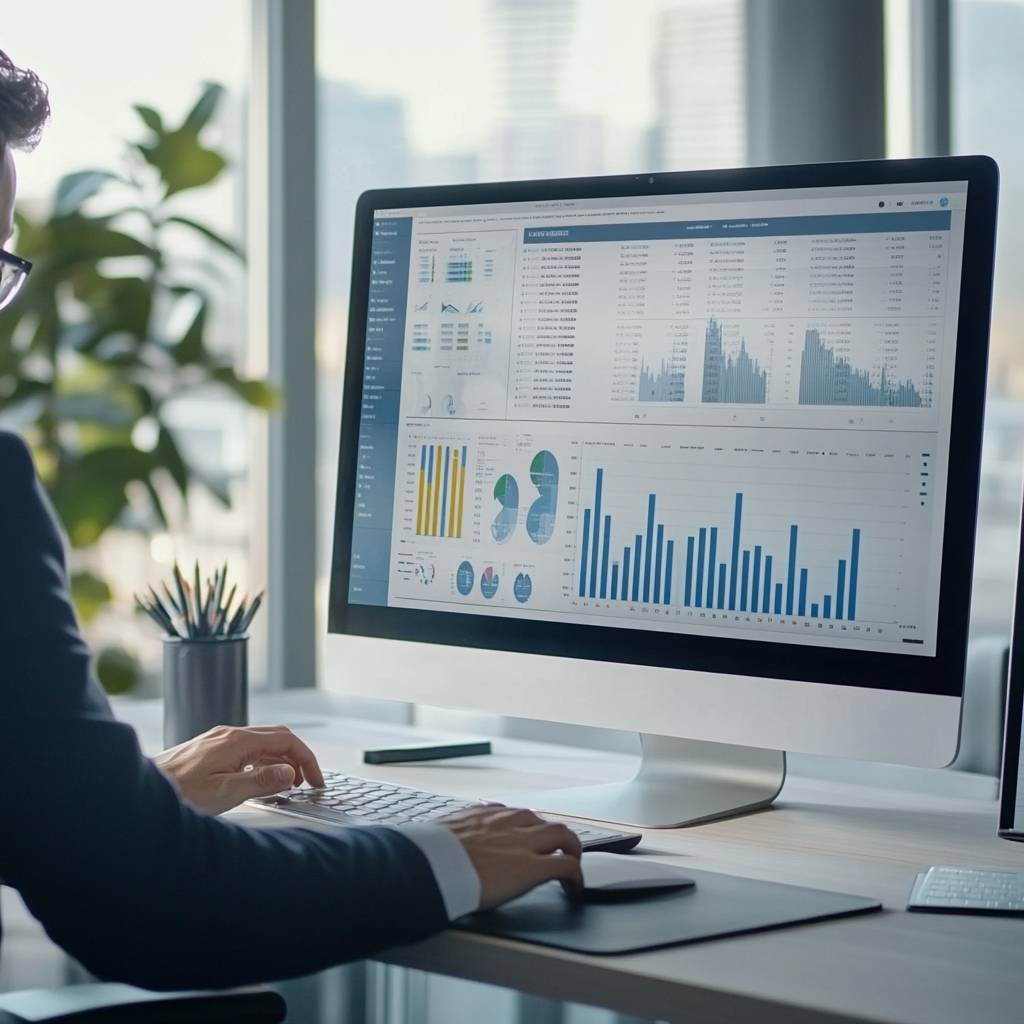 A businessman works at a desk, viewing complex data visualizations on a large computer monitor, with greenery in the background.