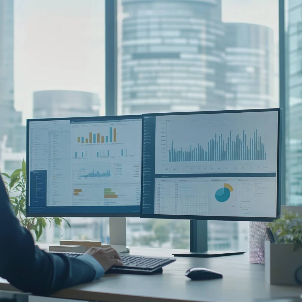 A person working at a desk with dual monitors displaying various data visualizations and graphs, overlooking a city skyline through large windows.
