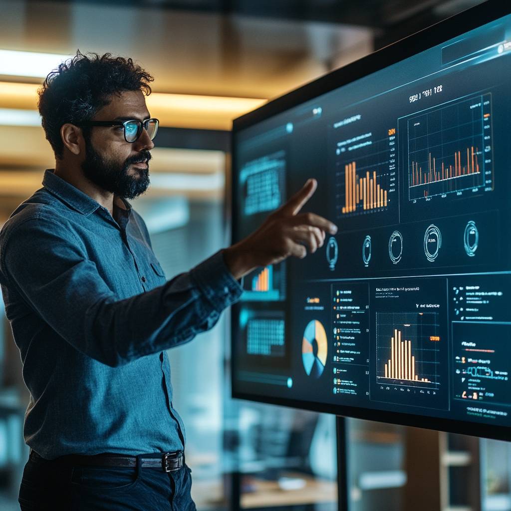 A man with curly hair and glasses gestures towards a large touchscreen displaying various graphs and data visualizations in a modern office setting.