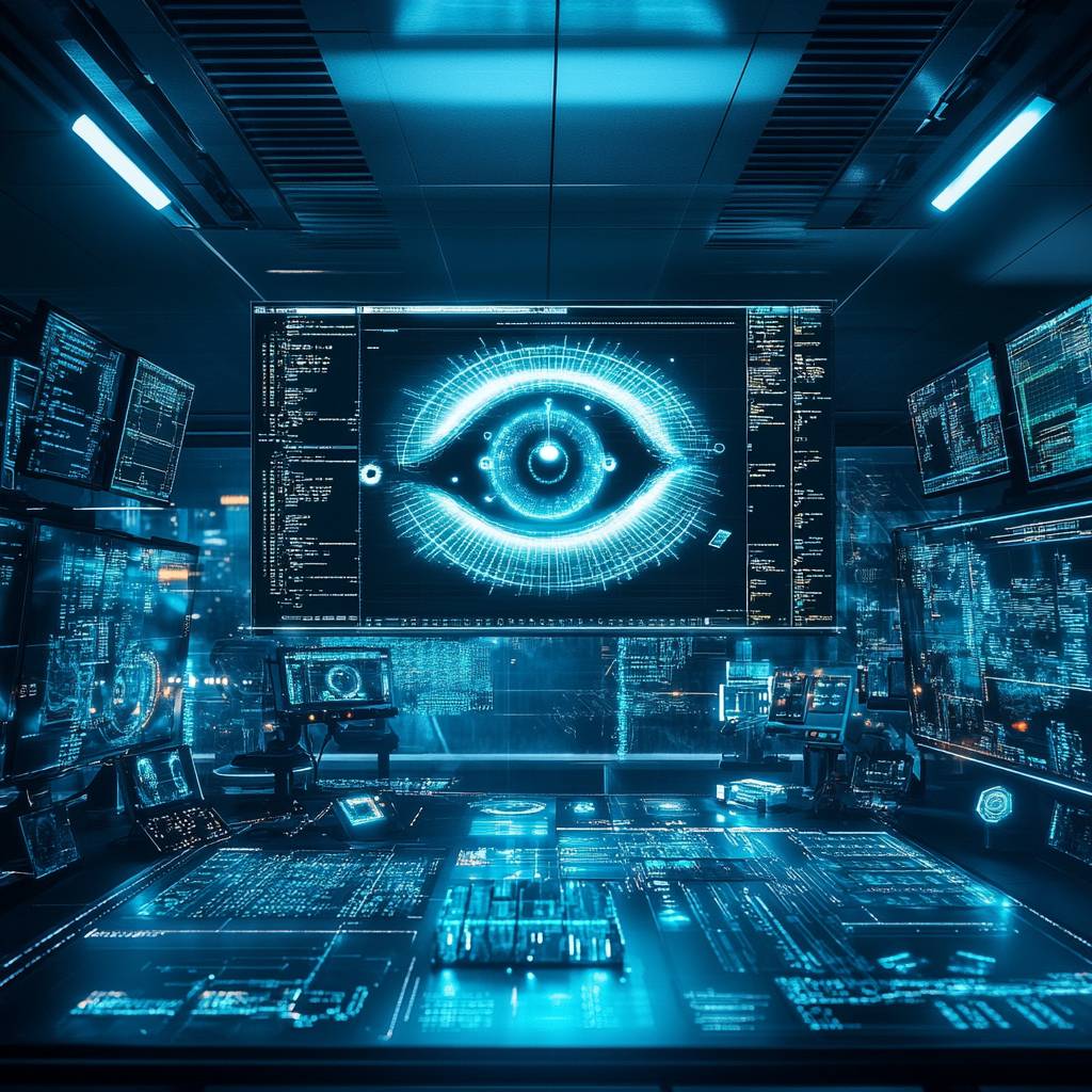 A futuristic control room filled with glowing blue screens, displaying complex data and an eye symbol, suggesting high-tech surveillance or analysis.
