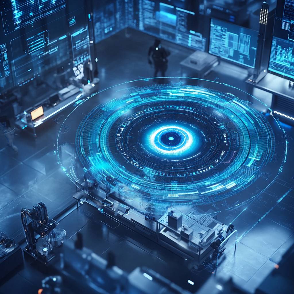 A high-tech futuristic workspace with glowing blue holographic interfaces and data displays, featuring advanced equipment and machinery in the foreground.
