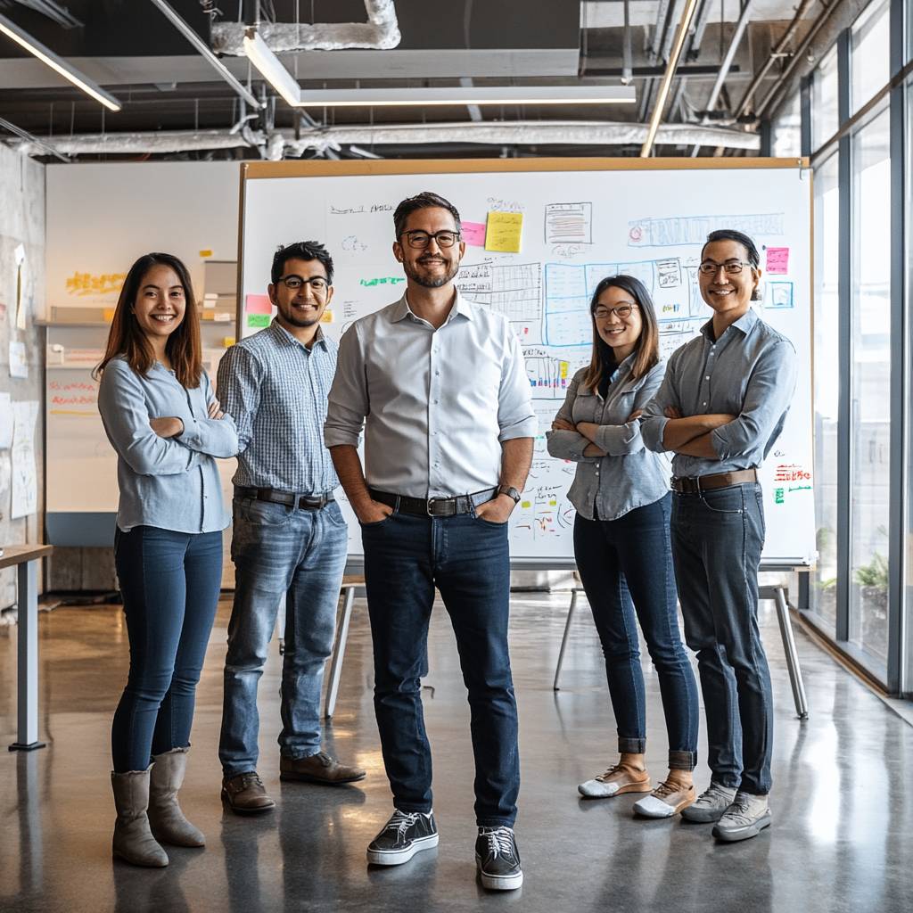 A diverse group of five professionals stands confidently in an office space, smiling and posing in front of a whiteboard filled with colorful notes and diagrams.