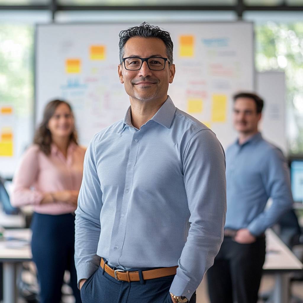 A man in a light blue shirt and glasses smiles confidently in an office setting, with two colleagues blurred in the background engaged in discussion.