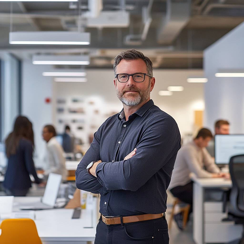 A man with a beard and glasses stands confidently in a modern office space, with colleagues working at desks in the background.