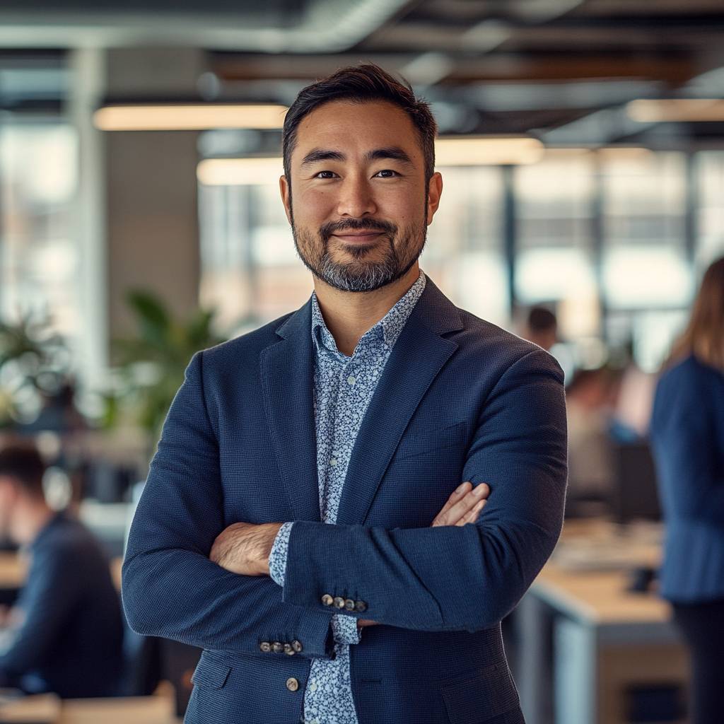 A professional man with a beard smiles confidently while standing with arms crossed in a modern office environment with blurred colleagues in the background.