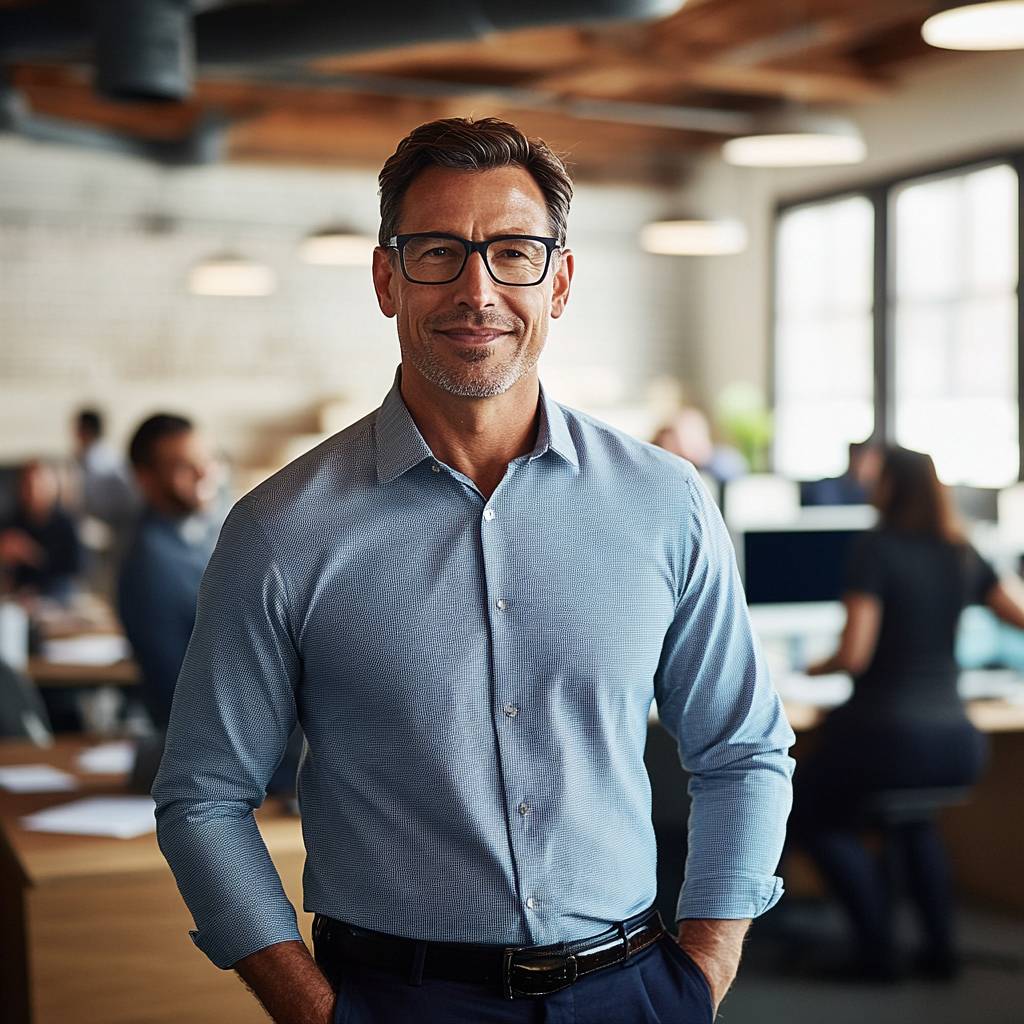 A confident man in a light blue shirt and glasses stands in a bustling office environment, with colleagues working at desks in the background.