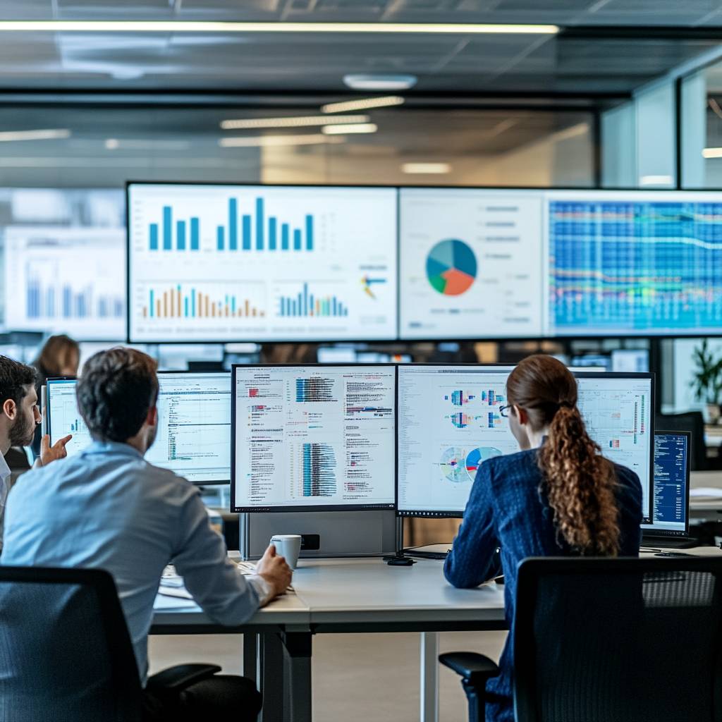 A modern office setting with three professionals at desks, engaged with multiple computer monitors showing various data visualizations and graphs.