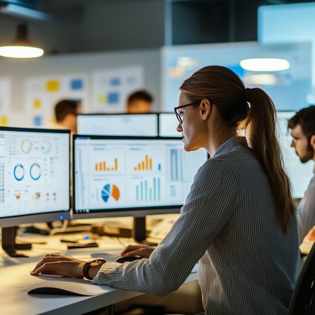 A woman wearing glasses works at a desk with multiple computer screens displaying various graphs and data in a modern office environment.