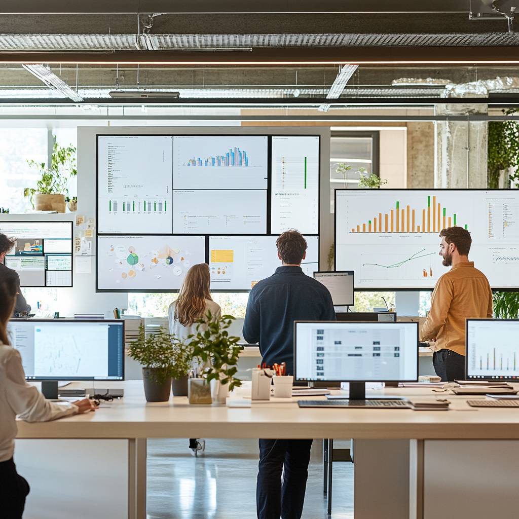 A modern office scene featuring individuals analyzing data on large screens displaying various charts and graphs, with desktop computers in the foreground.