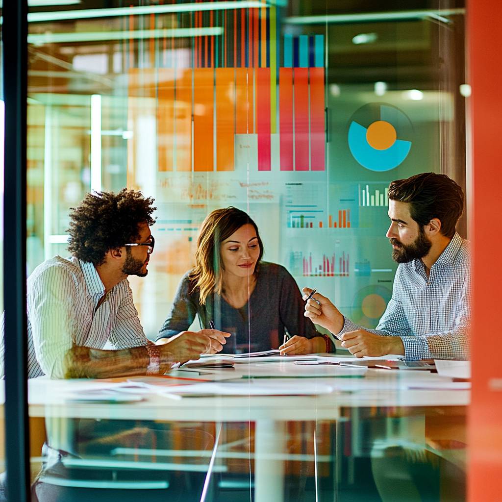 Three professionals engaged in a discussion at a table, surrounded by glass partitions and colorful charts displaying data analysis.