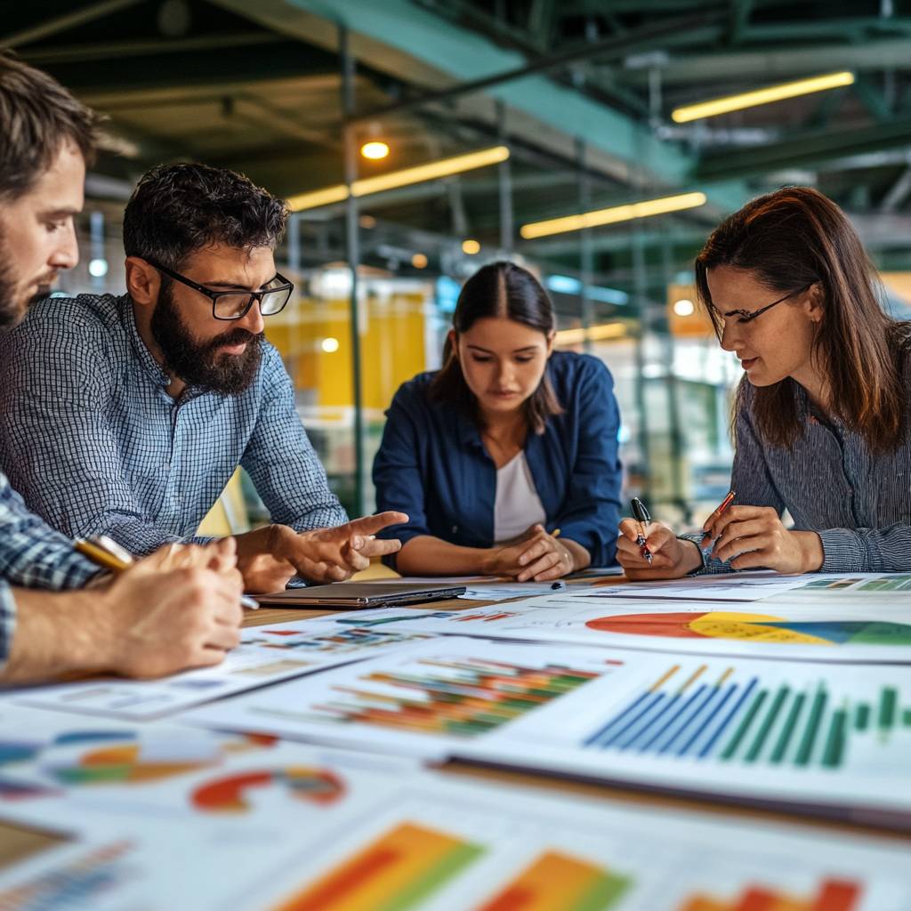 A diverse group of four professionals engaged in a discussion over printed data charts and graphs during a work meeting at a modern office.