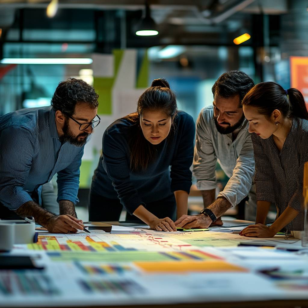 A group of four diverse professionals collaborates around a table covered with charts, notes, and documents in a modern workspace.