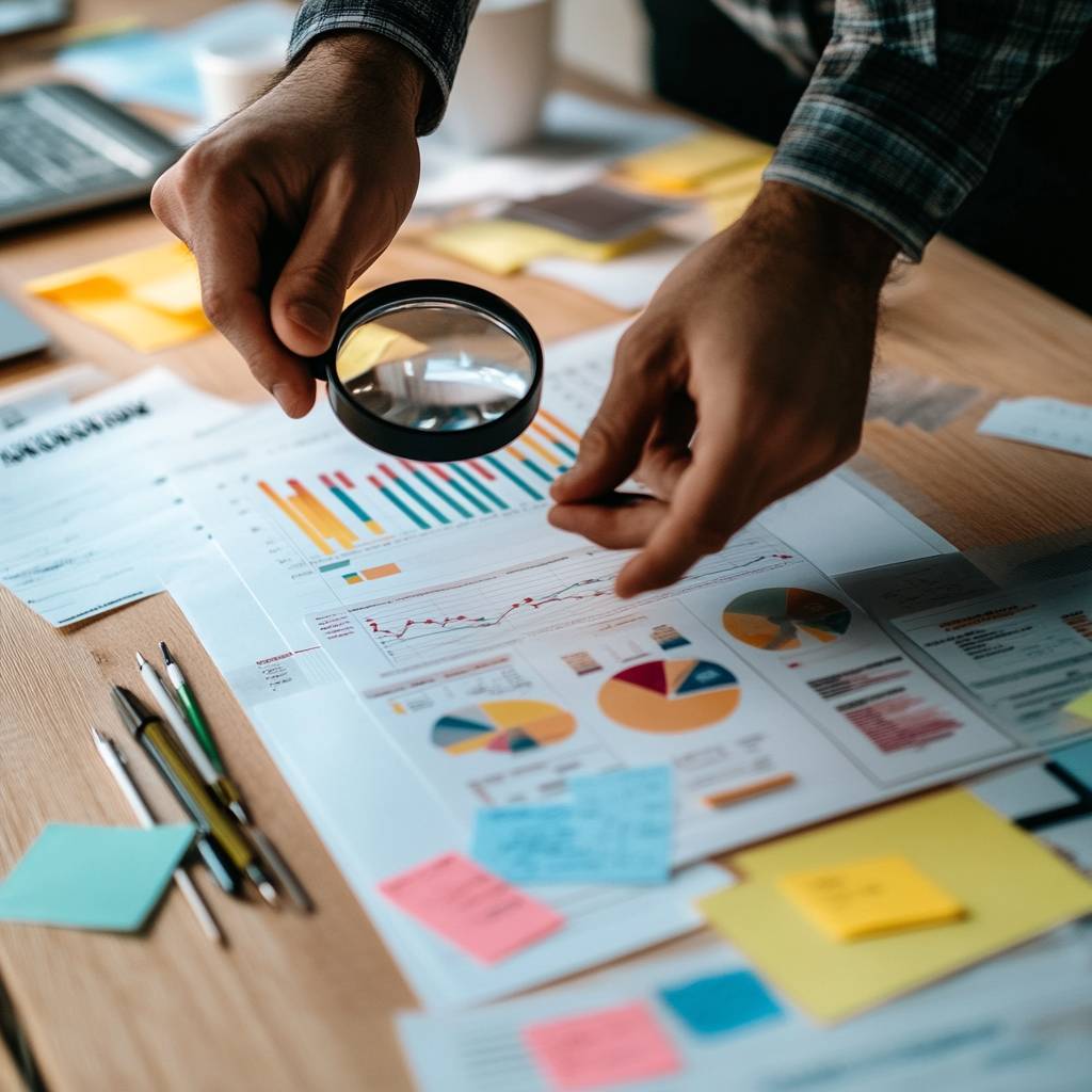 A person holds a magnifying glass over various printed reports, charts, and sticky notes on a wooden table, surrounded by pens and a laptop.