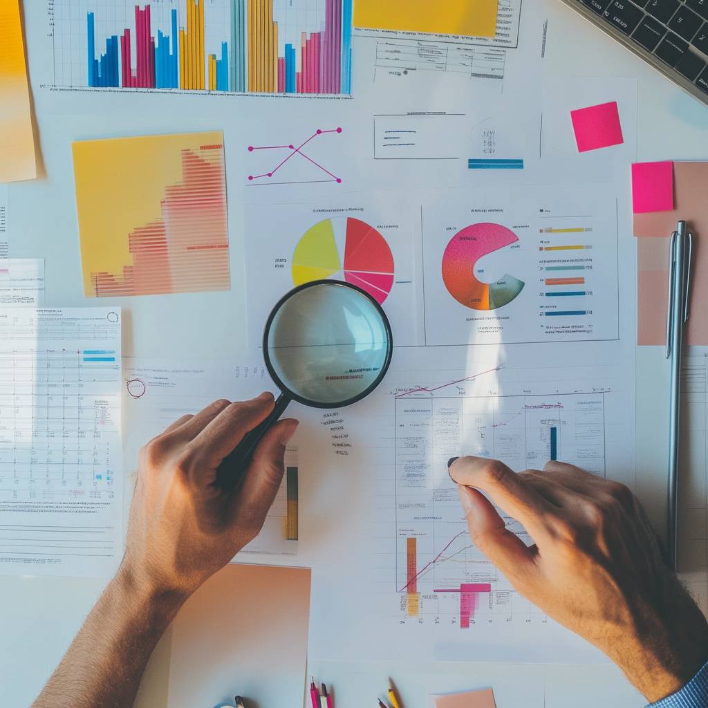 An overhead view of hands holding a magnifying glass over various colorful charts, graphs, and printed data sheets on a desk.