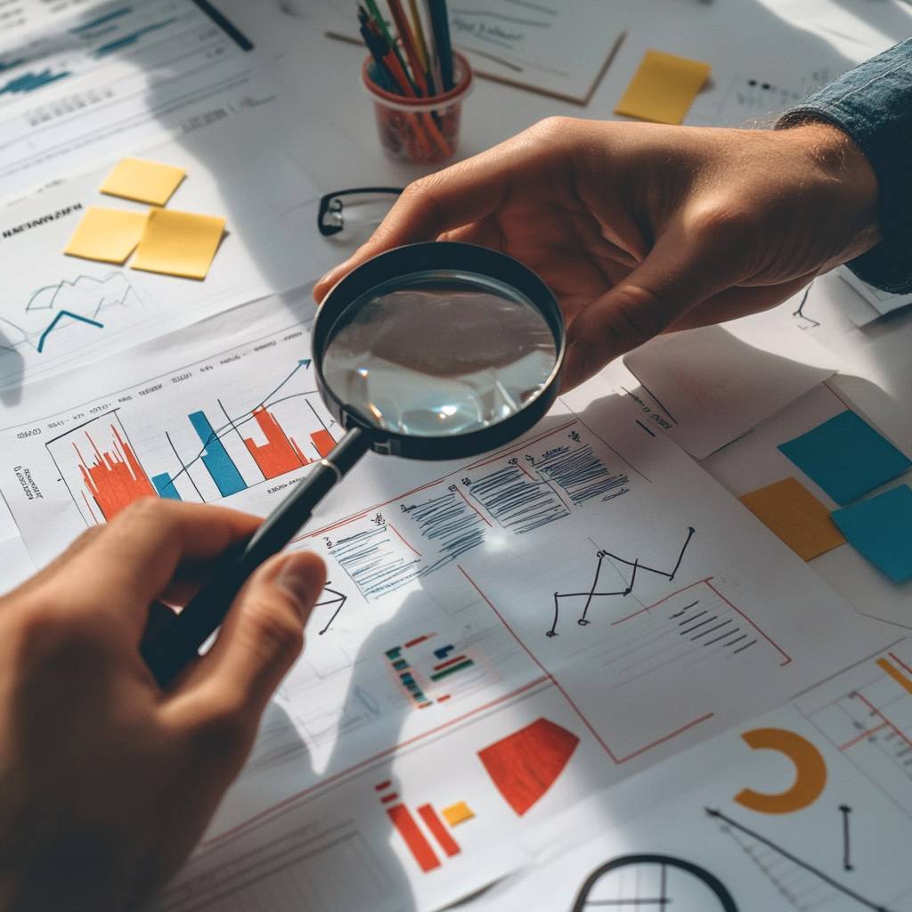 A person's hand holding a magnifying glass above various business charts, graphs, and notes on a table, with stationary items in the background.