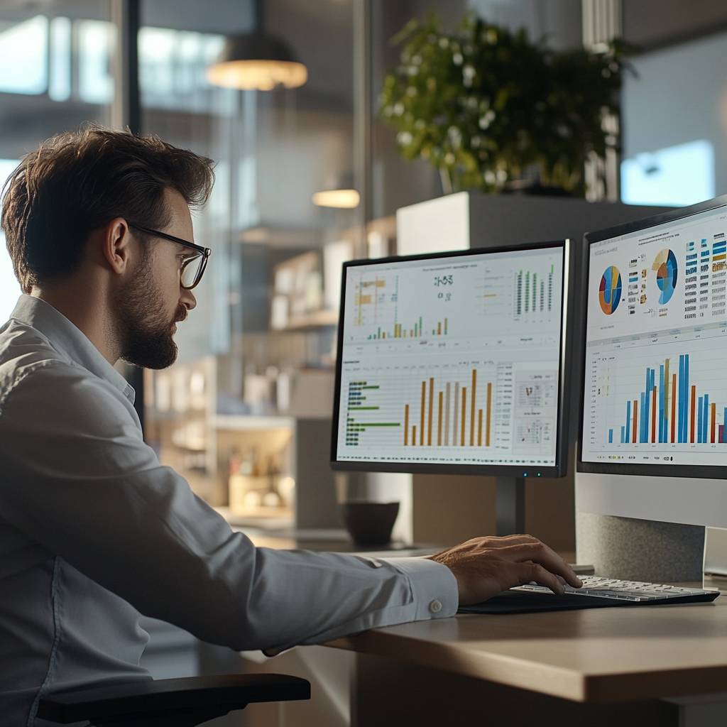 A man with glasses examines data on dual monitors displaying colorful graphs and charts in a modern office setting. A plant is visible in the background.
