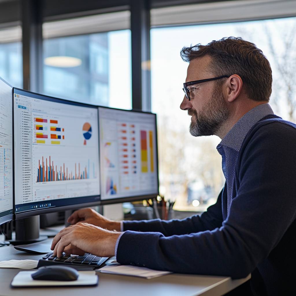 A man with glasses sits at a desk, focused on two computer monitors displaying colorful bar graphs and charts, in a bright office setting.