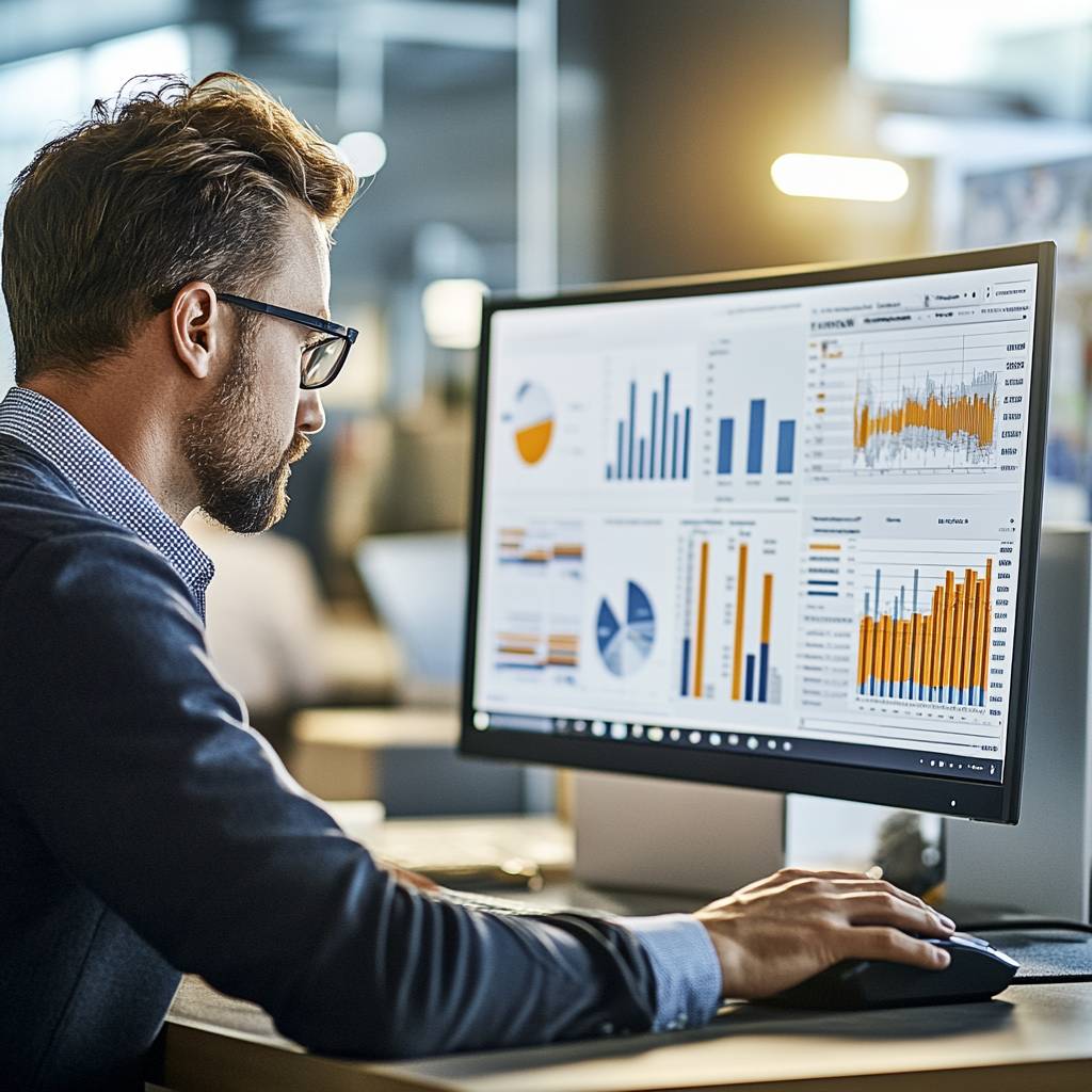 A man in a suit and glasses sits at a desk, working on a computer displaying various colorful data charts and graphs in an office setting.