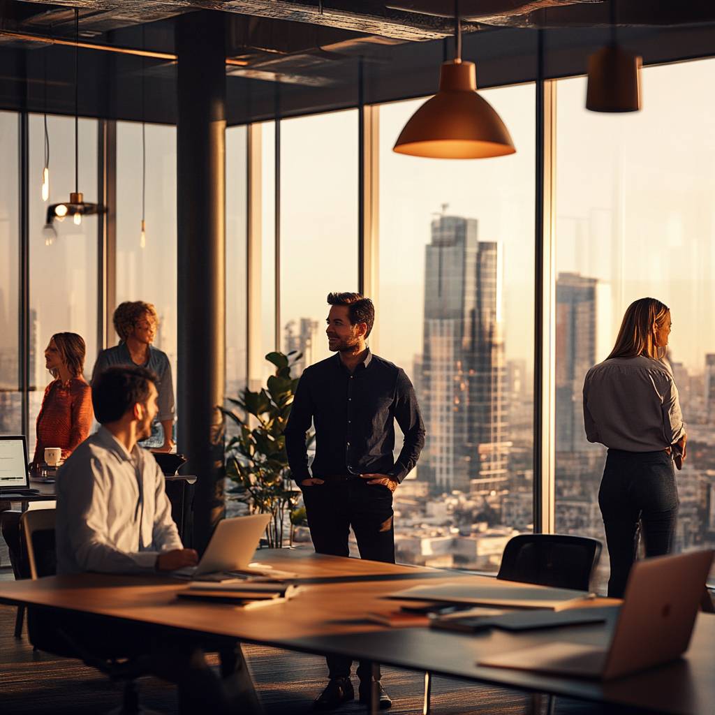 A modern office setting during sunset with four professionals engaged in discussions, large windows showcasing a city skyline in the background.