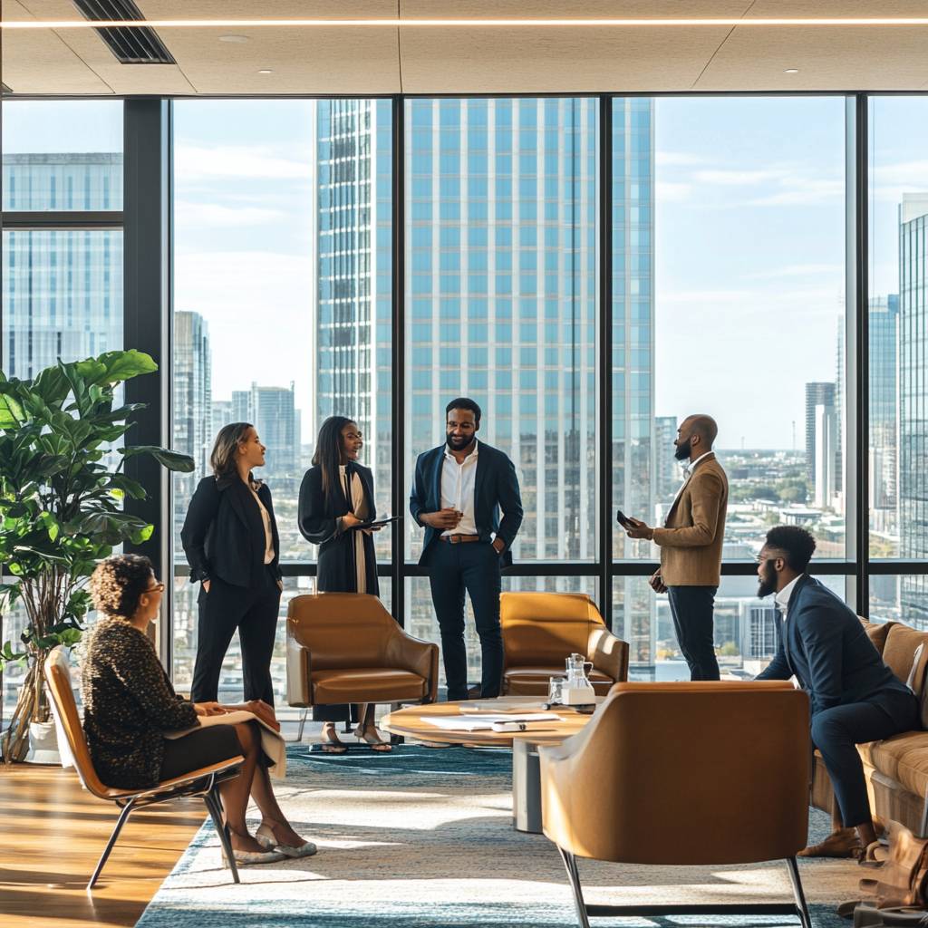 A group of professionals discusses ideas in a modern office space with large windows showcasing a cityscape, featuring stylish furniture and greenery.