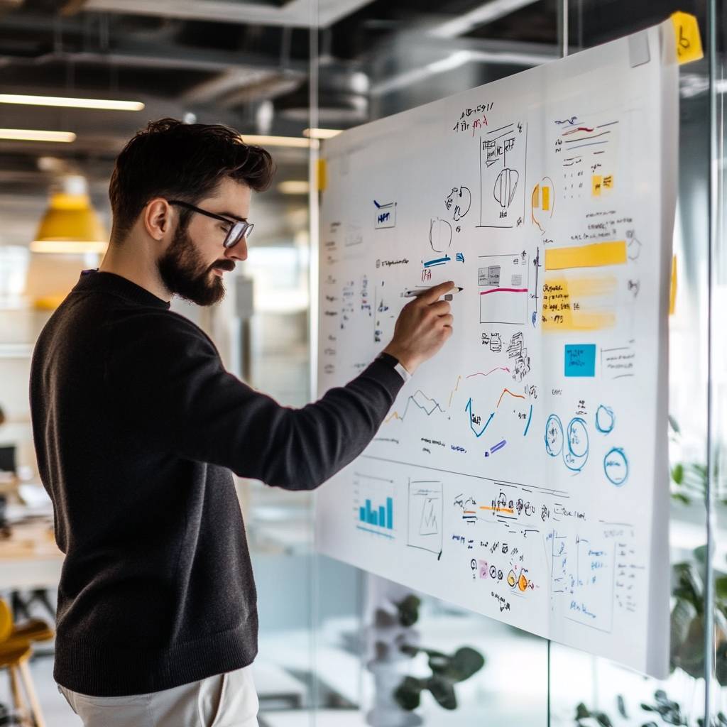 A man with a beard and glasses writes on a large whiteboard filled with graphs and notes, standing in a modern office space.