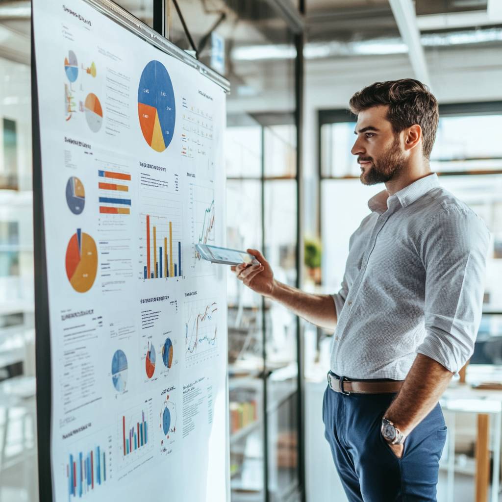 A man in a light blue shirt stands beside a presentation board displaying various colorful charts and graphs in a modern office environment.