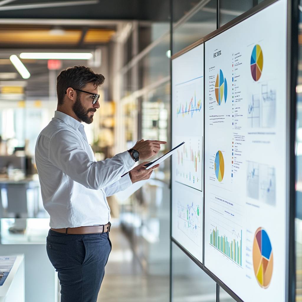 A man in a white shirt and glasses stands in an office, pointing at charts and graphs displayed on a large screen while holding a tablet.