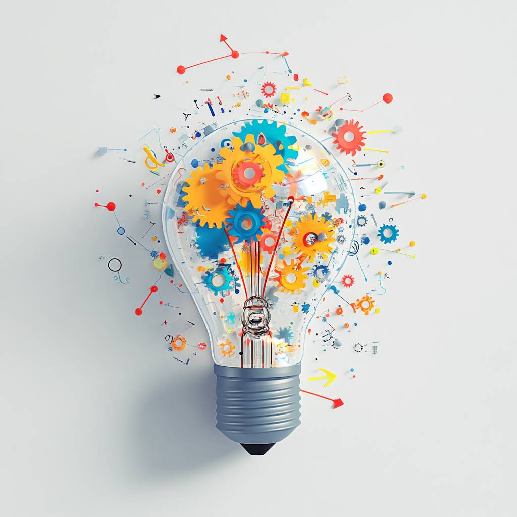 A light bulb with colorful gears and abstract shapes bursting from it, symbolizing creativity, innovation, and ideas on a light gray background.