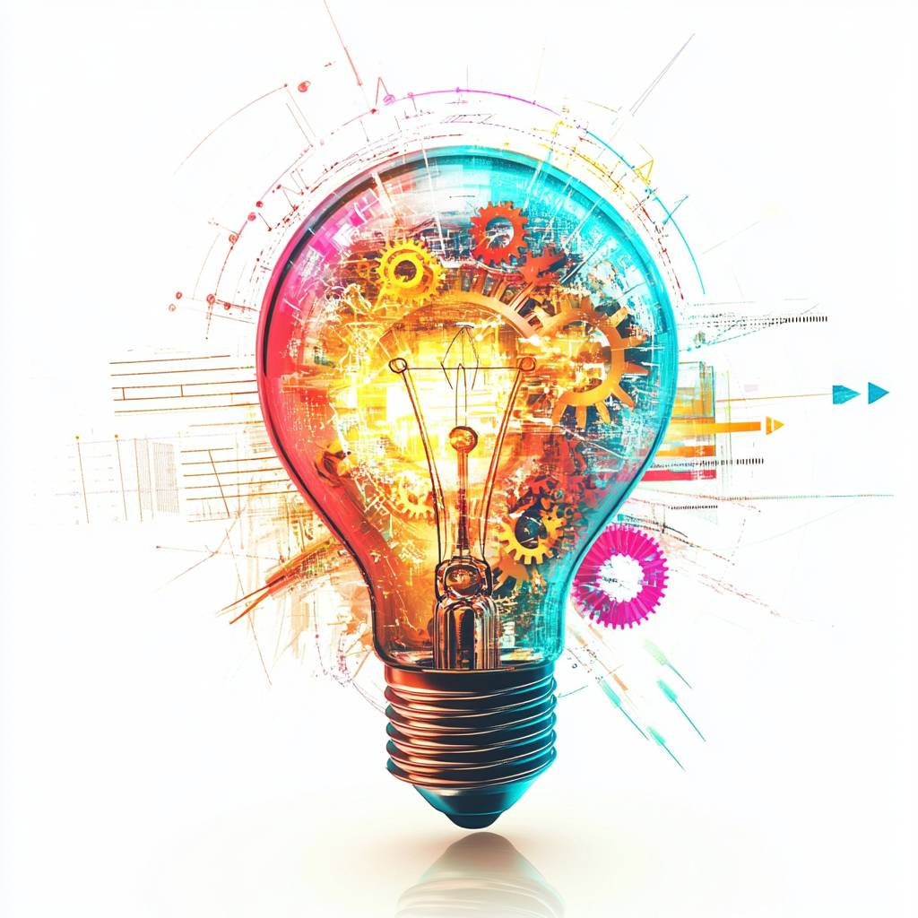 A colorful light bulb filled with gears and abstract patterns, symbolizing innovation and creativity, against a white background.