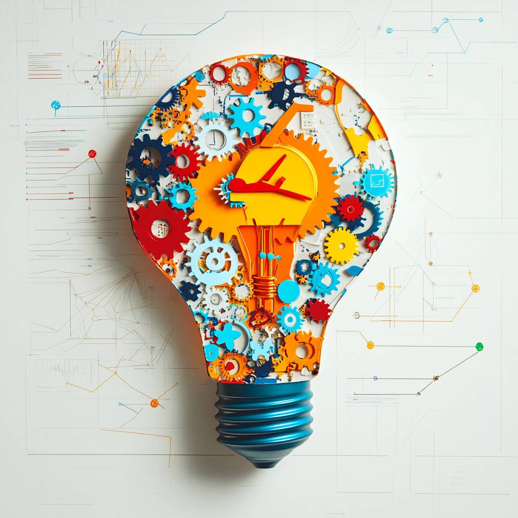 A colorful, artistic representation of a light bulb made of various gears and cogs, set against a background of technical sketches and diagrams.
