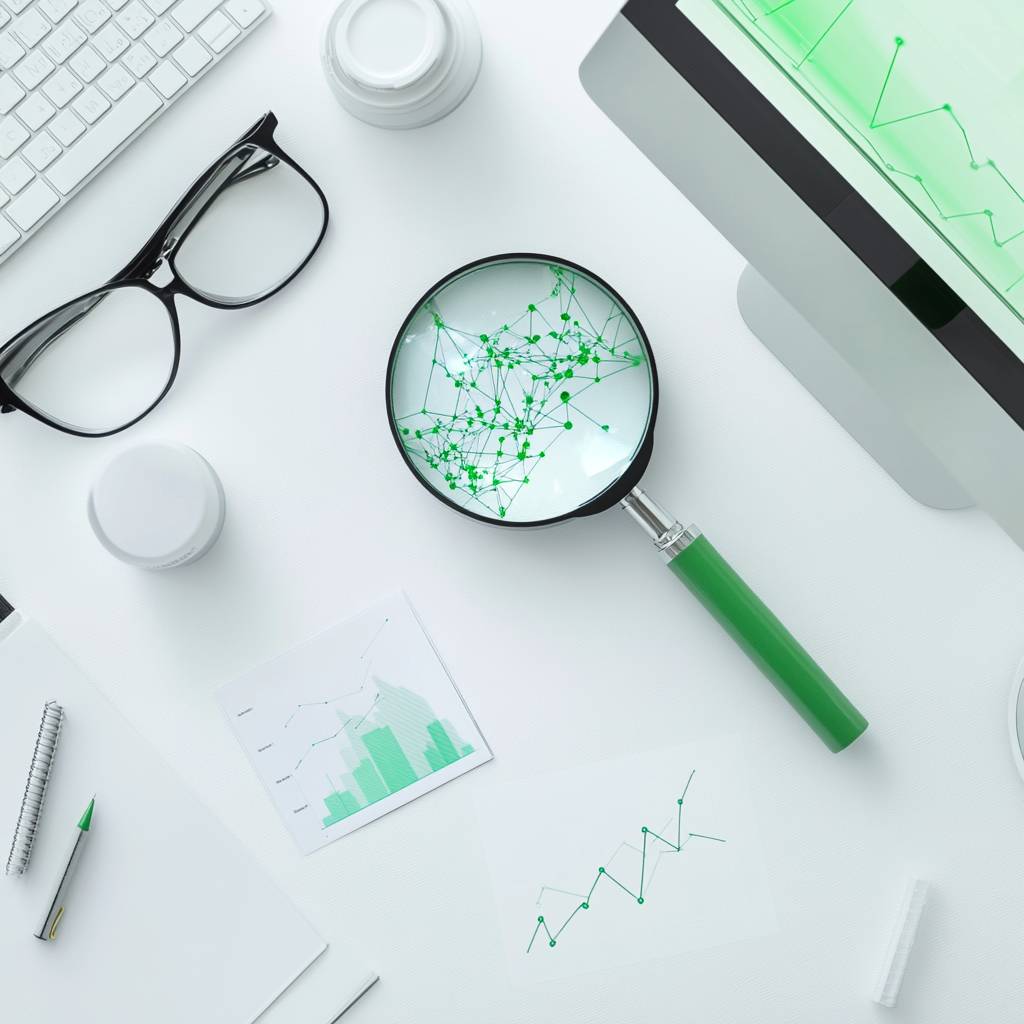 A desk scene featuring glasses, a magnifying glass with green network patterns, charts, a notebook, and a computer displaying green graphs.