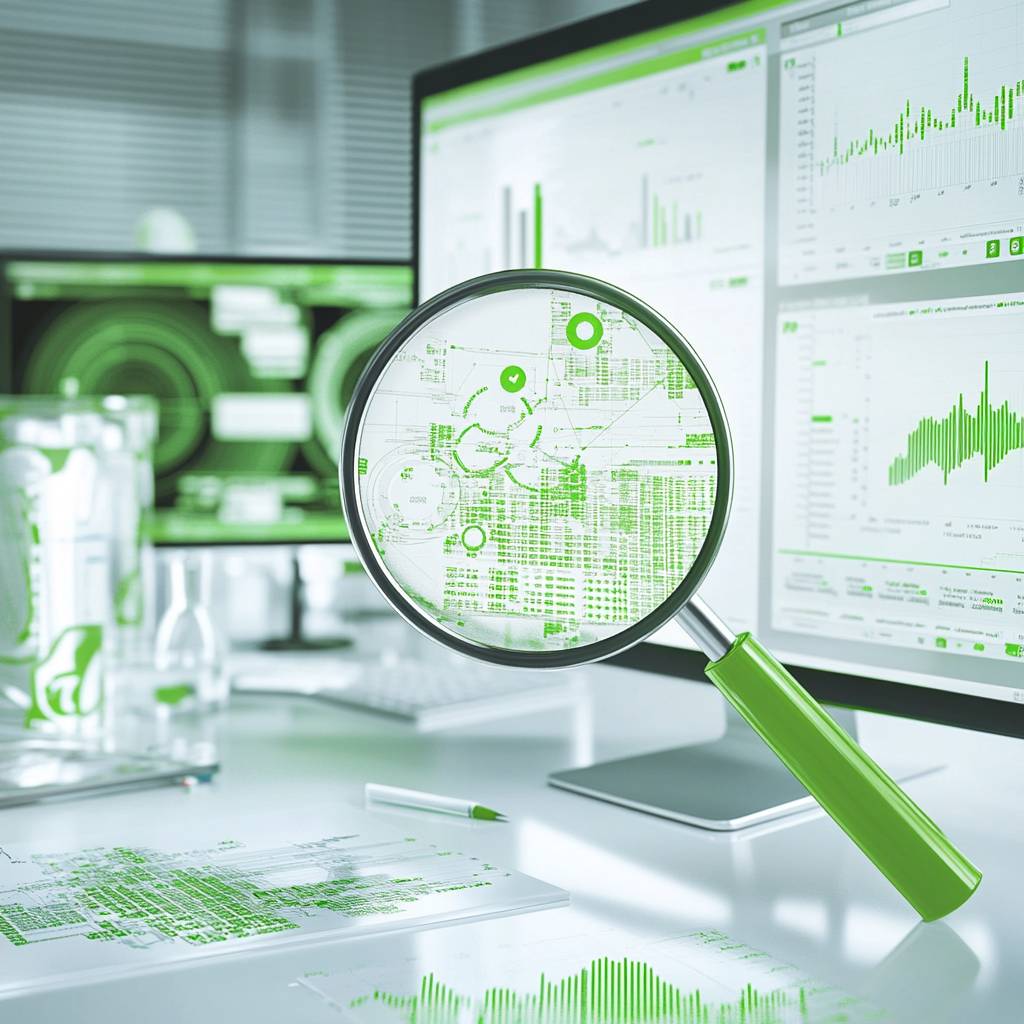 A magnifying glass focusing on digital data visualizations, surrounded by green analytics graphics on computer screens in an office setting.