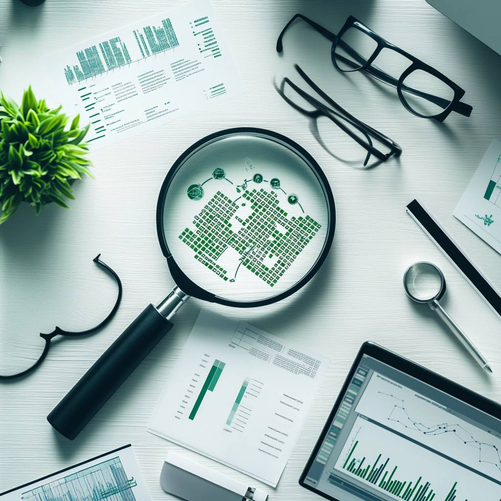 A magnifying glass on a table reveals green data charts and graphs, surrounded by glasses, stationery, and a tablet displaying analytical data.