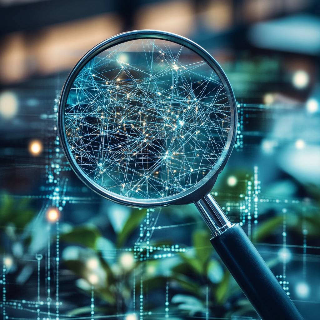 A magnifying glass focuses on a network of interconnected lines and nodes, set against a blurred background of greenery and digital patterns.