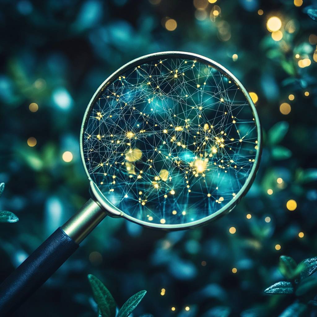 A magnifying glass focuses on a network of glowing connections amidst a blurred background of green foliage and soft bokeh lights.