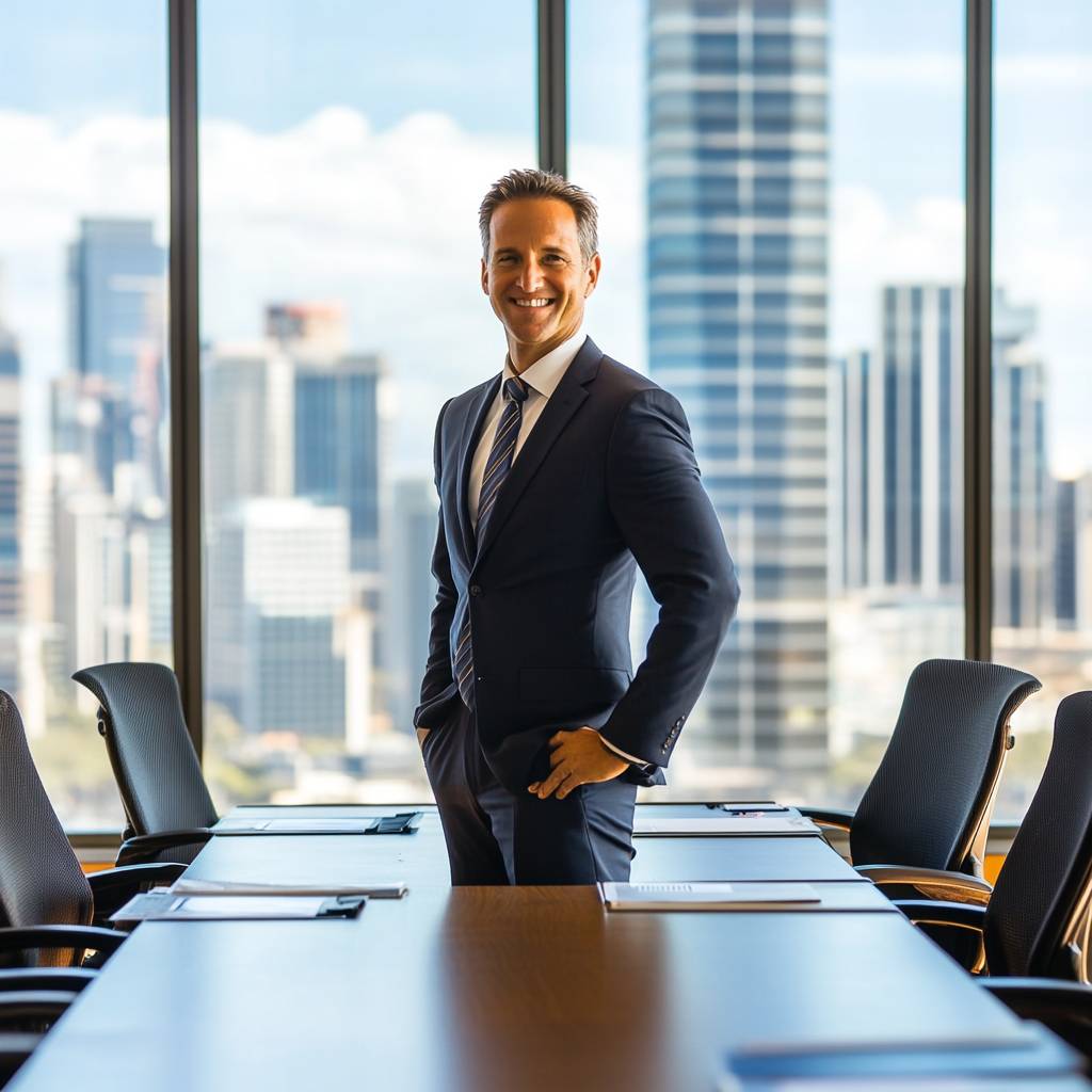 A businessman in a suit stands confidently in a modern office with a panoramic city view, surrounded by a long conference table and chairs.