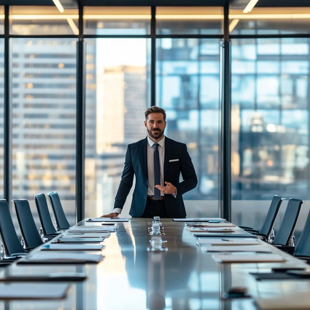 A well-dressed man stands at a modern conference table in a high-rise office, with glass walls revealing city views and folders on the table.