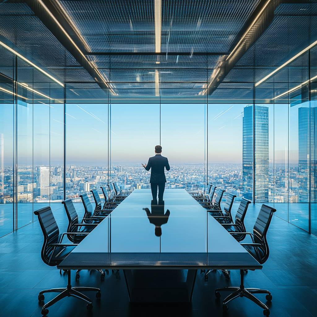 A businessman in a suit stands at the end of a large conference table, overlooking a city skyline through tall glass windows.