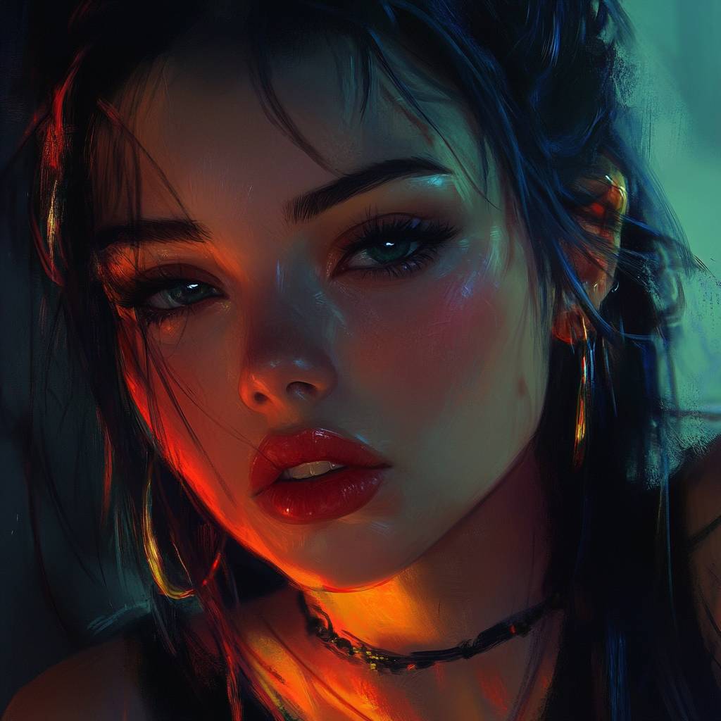 A close-up portrait of a young woman with long dark hair, striking green eyes, full lips, and a stylish choker, illuminated by colorful lighting.