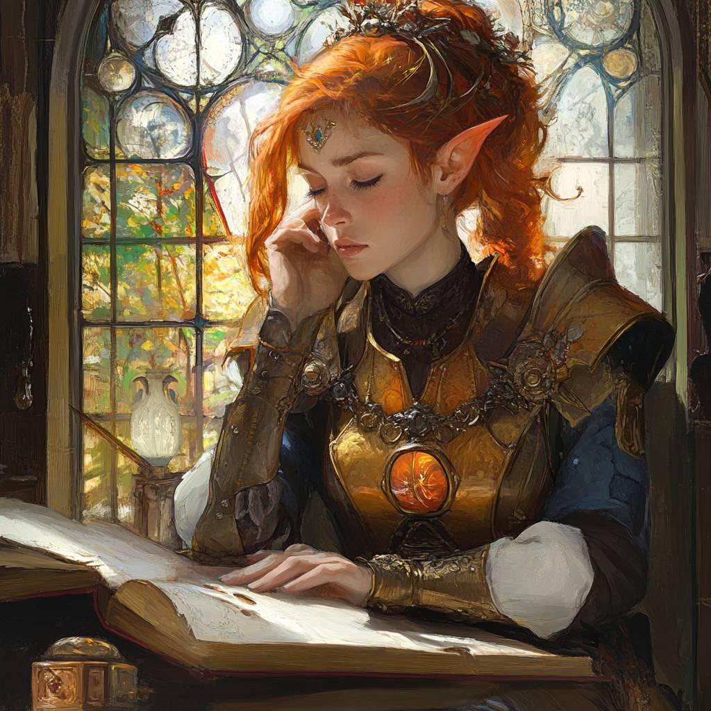 A young elf woman with orange hair, wearing ornate armor, thoughtfully gazes at an open book in a sunlit room with stained glass windows.