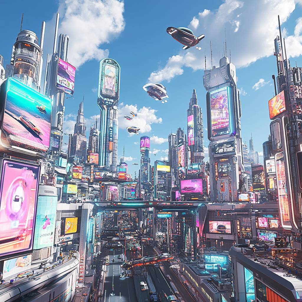 A vibrant futuristic cityscape featuring towering skyscrapers, flying vehicles, and illuminated billboards under a bright blue sky.