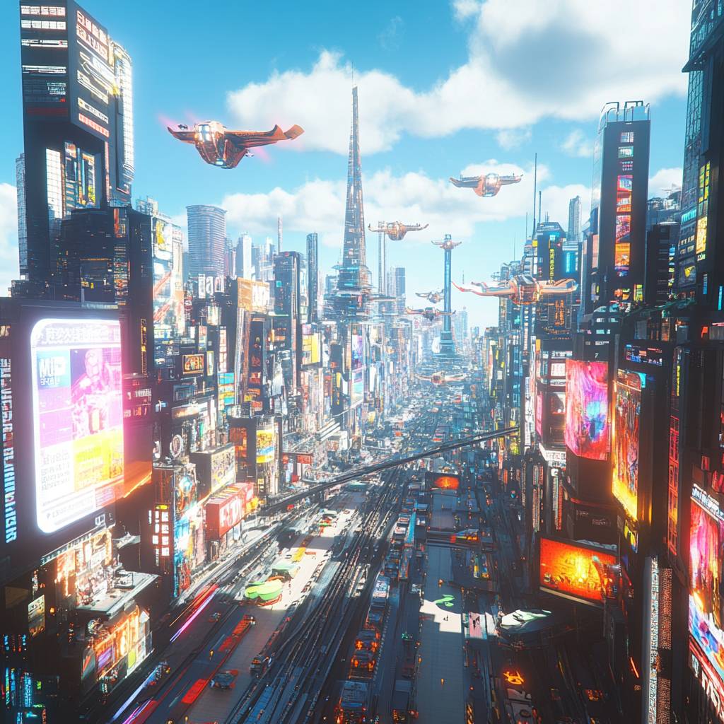 A bustling futuristic cityscape with towering skyscrapers, bright advertisements, and flying vehicles under a clear blue sky.