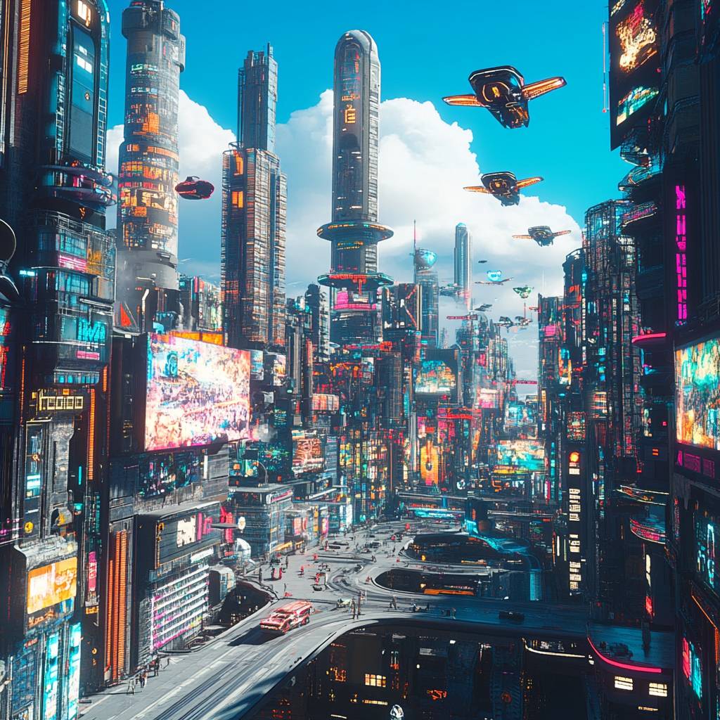 A vibrant futuristic cityscape filled with towering skyscrapers, hovering vehicles, and bright digital billboards against a blue sky.