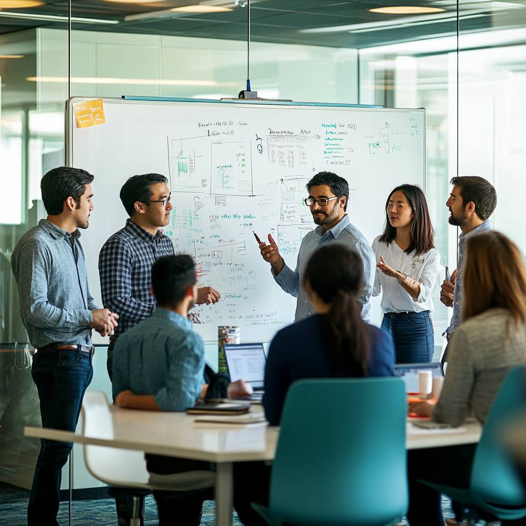 A diverse group of professionals engaged in a discussion in front of a whiteboard filled with notes and diagrams, with laptops on a table.