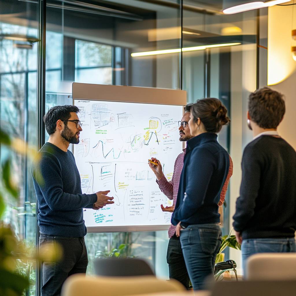 A group of four professionals discussing ideas in an office setting, with a whiteboard covered in diagrams and notes in the background.