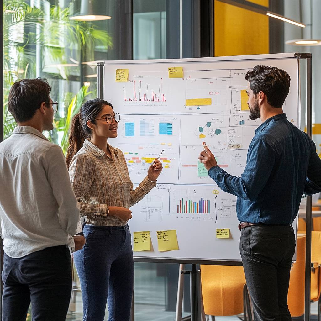 Three professionals engage in a discussion in front of a presentation board filled with charts and data, surrounded by a bright office environment.