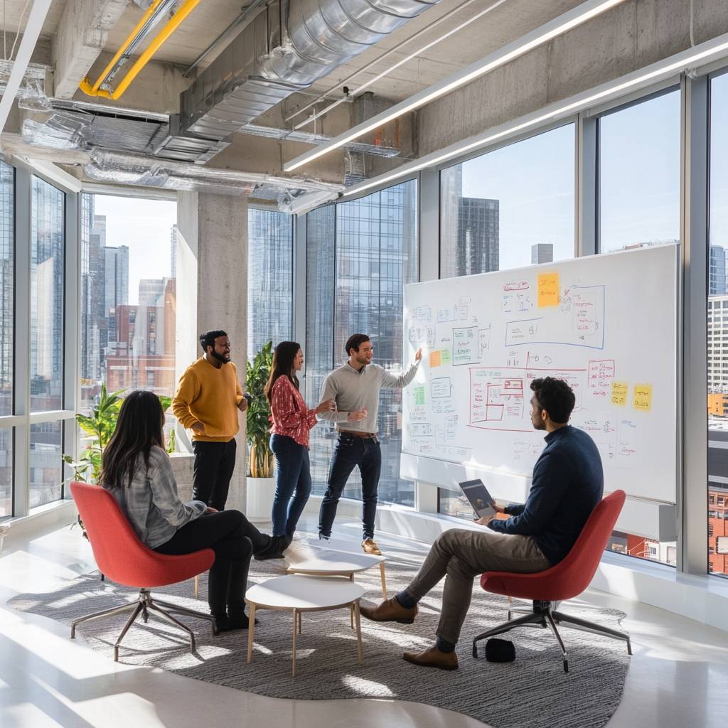 A group of four people collaborate in a modern office, discussing ideas while standing by a whiteboard filled with colorful notes and diagrams.