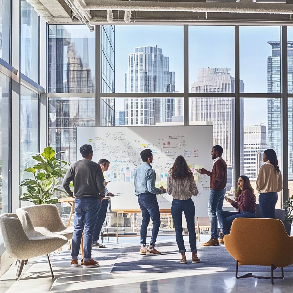 A group of diverse people collaborates in a modern office space, discussing ideas and brainstorming at a whiteboard with city skyline views.